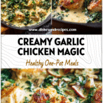 Skillet of creamy fried chicken with kale in a garlic-heavy butter cream sauce inspired by Cafe Delights Recipes Chicken.